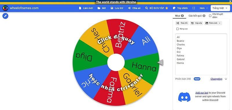 Giao diện phần mềm Wheel of names, cho phép tùy biến âm thanh và hiệu ứng cho vòng quay.