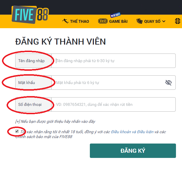 Cách đăng ký tài khoản tại Five88